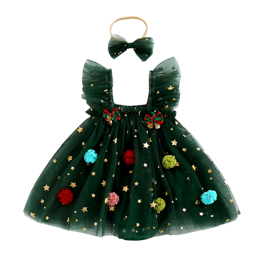 Baby Girls Rompers Dress Christmas Clothes Bobbles Bells Decor Mesh Skirts Hem Sleeveless Bodysuits with Headband