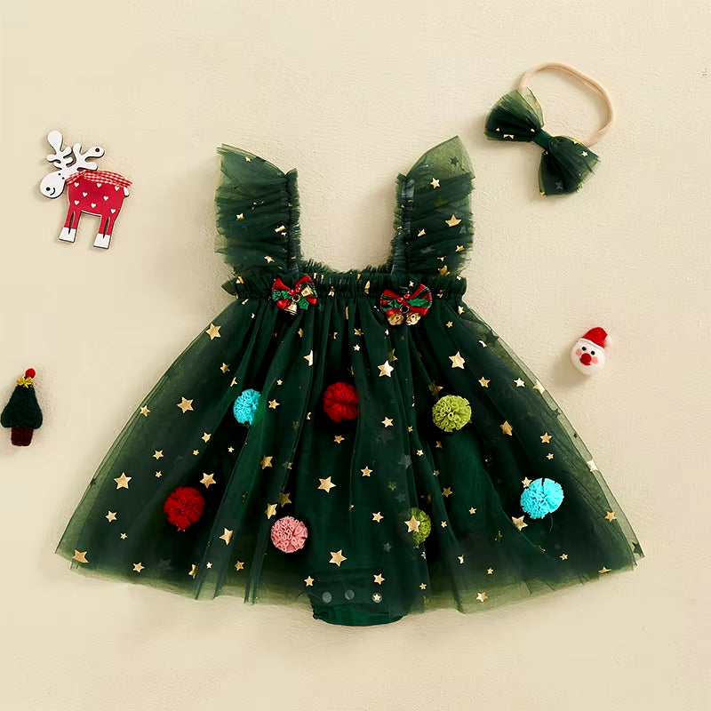 Baby Girls Rompers Dress Christmas Clothes Bobbles Bells Decor Mesh Skirts Hem Sleeveless Bodysuits with Headband