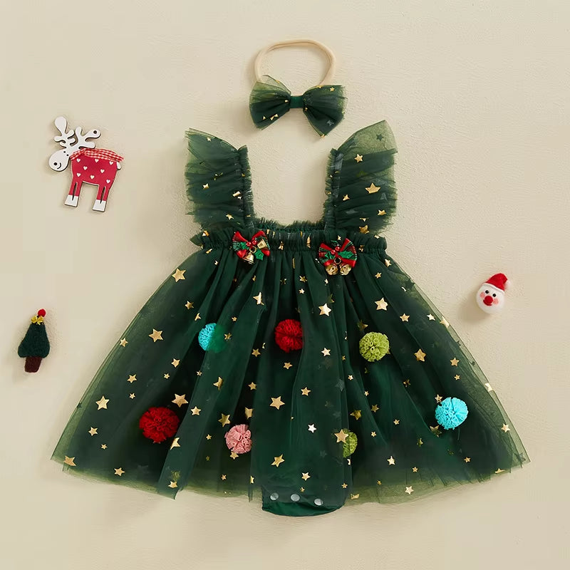 Baby Girls Rompers Dress Christmas Clothes Bobbles Bells Decor Mesh Skirts Hem Sleeveless Bodysuits with Headband