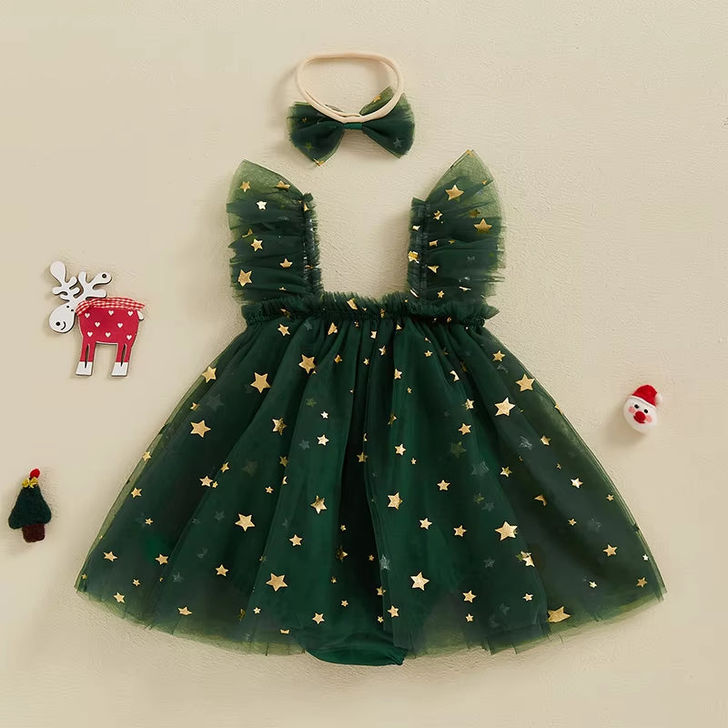 Baby Girls Rompers Dress Christmas Clothes Bobbles Bells Decor Mesh Skirts Hem Sleeveless Bodysuits with Headband